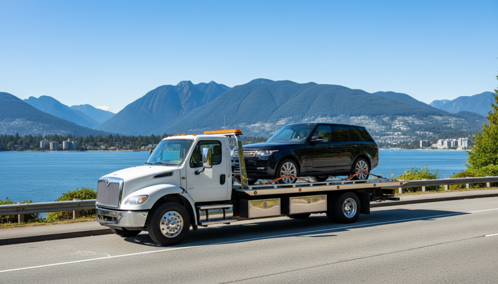 Tow Truck West Vancouver .North Shore Towing flatbed truck transporting a utility vehicle in West Vancouver.